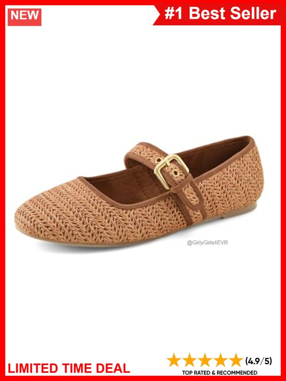 Raffia Woven Round Toe Mary Jane Ballet Flats Buckle Strap Comfort